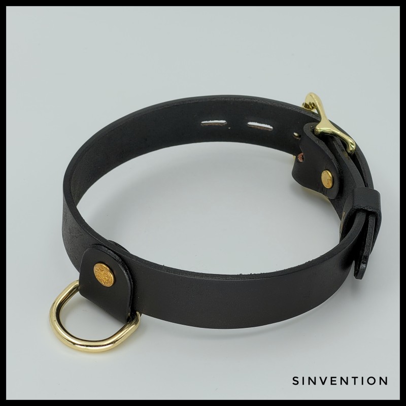 Hanging Dee Leather Slave Collar - Brass