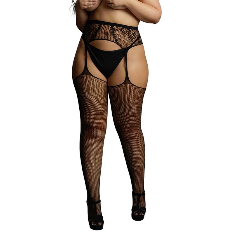Le Désir Fishnet & Lace Garterbelt Stockings OSXL